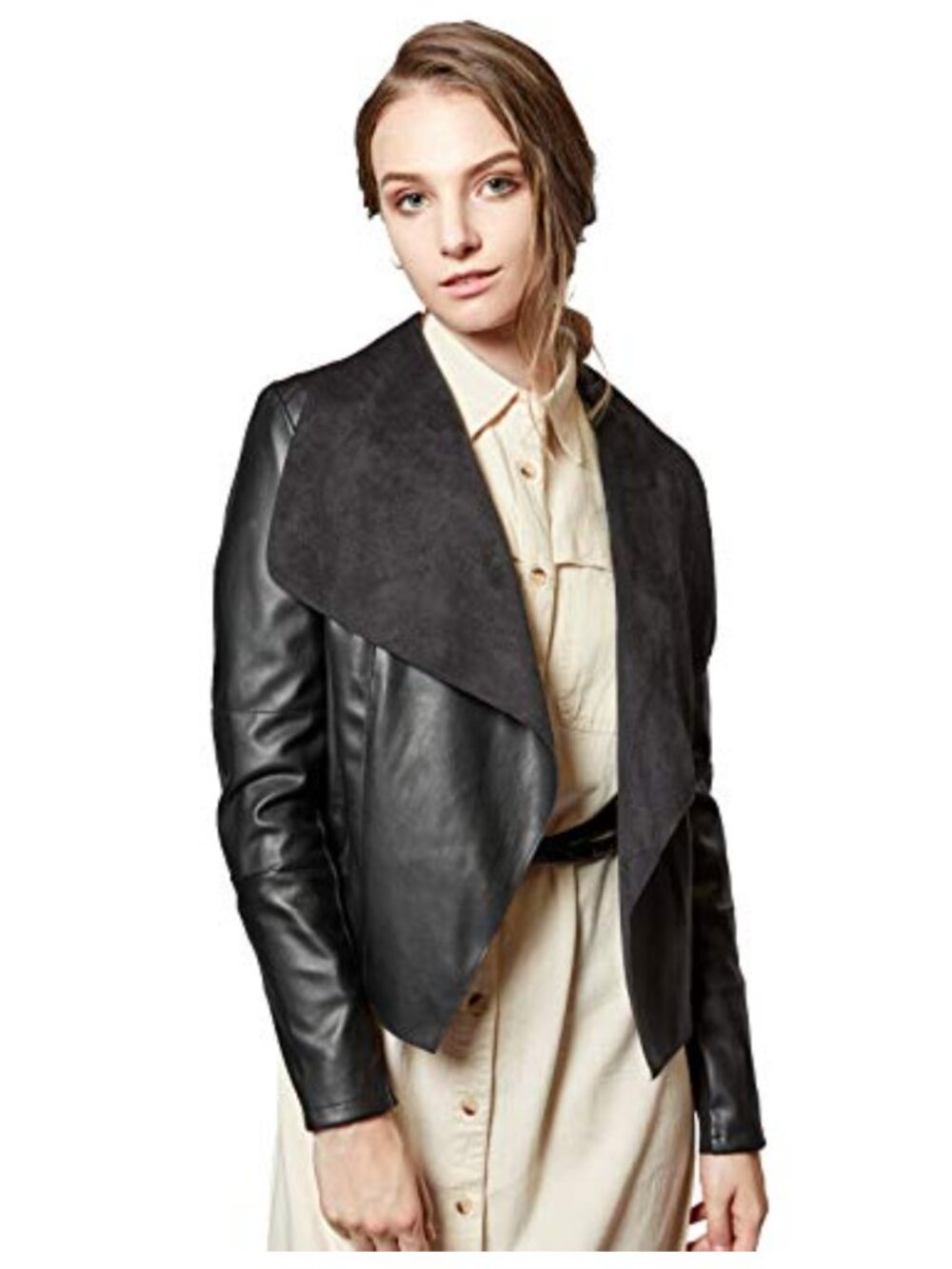 Faux Leather Jacket Slim Open Front Lapel Blazer